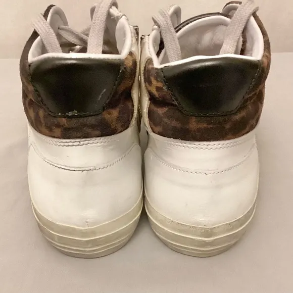 Ross &amp; Snow 9 High Top Women’s Sneakers Distressed Leather White Animal Print
