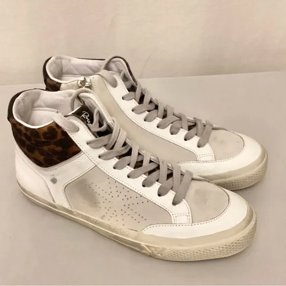 Ross &amp; Snow 9 High Top Women’s Sneakers Distressed Leather White Animal Print