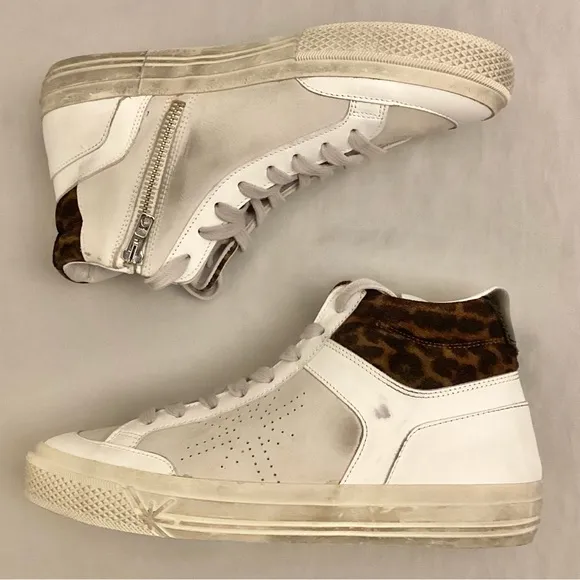 Ross &amp; Snow 9 High Top Women’s Sneakers Distressed Leather White Animal Print