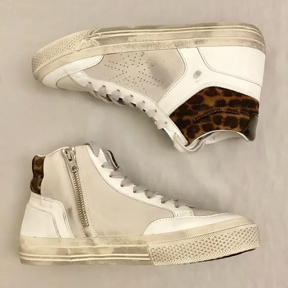 Ross &amp; Snow 9 High Top Women’s Sneakers Distressed Leather White Animal Print