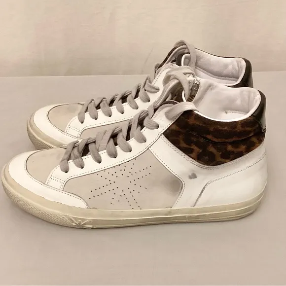 Ross &amp; Snow 9 High Top Women’s Sneakers Distressed Leather White Animal Print
