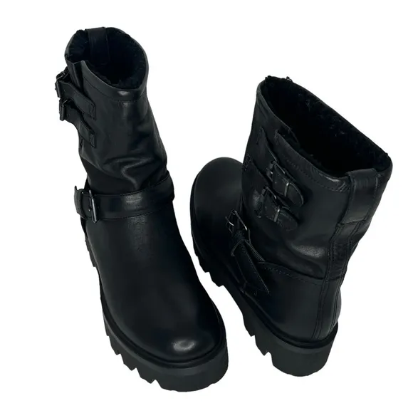 Ross &amp; Snow Women’s Lucky Black Shearling Lining Leather Moto Boots Size 11