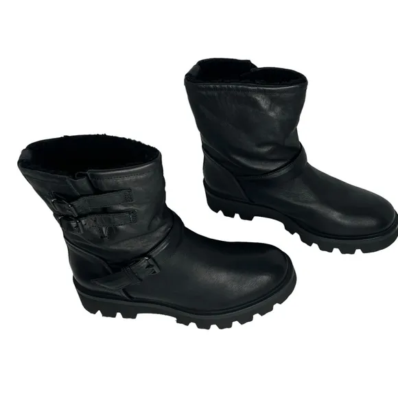 Ross &amp; Snow Women’s Lucky Black Shearling Lining Leather Moto Boots Size 11
