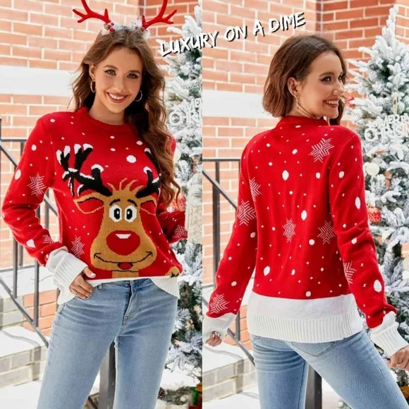 Rudolph Reindeer Winter Holiday Classic Long Sleeve Christmas Knit Sweater Red