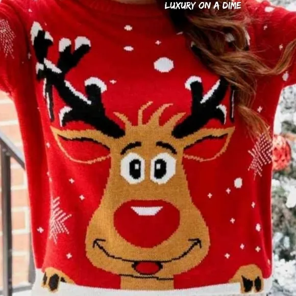 Rudolph Reindeer Winter Holiday Classic Long Sleeve Christmas Knit Sweater Red