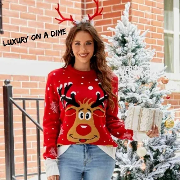Rudolph Reindeer Winter Holiday Classic Long Sleeve Christmas Knit Sweater Red