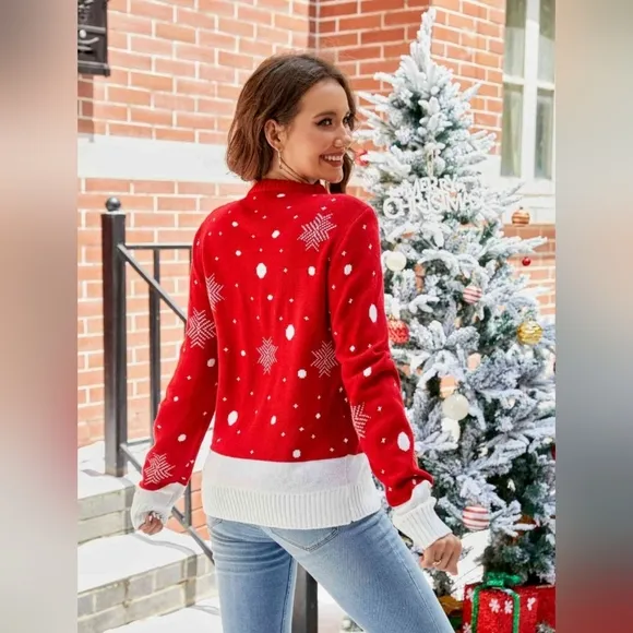 Rudolph Reindeer Winter Holiday Classic Long Sleeve Christmas Knit Sweater Red