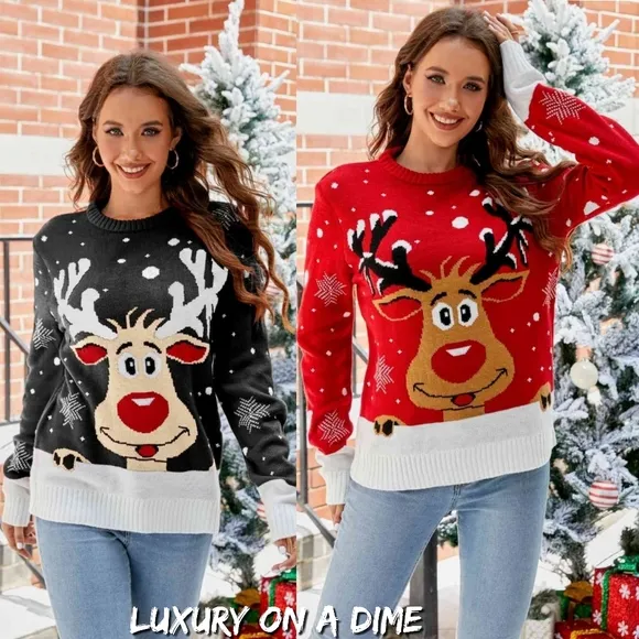 Rudolph Reindeer Winter Holiday Classic Long Sleeve Christmas Knit Sweater Red