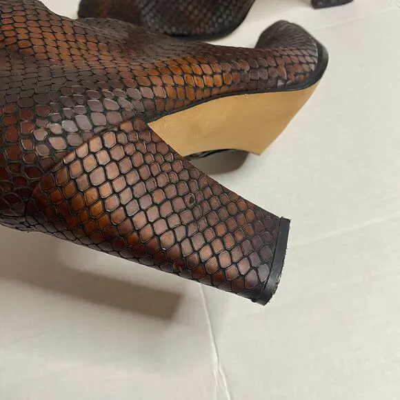 Sacha London Faux Reptile Snakeskin Brown Heeled Ankle Boots Sz 10.5