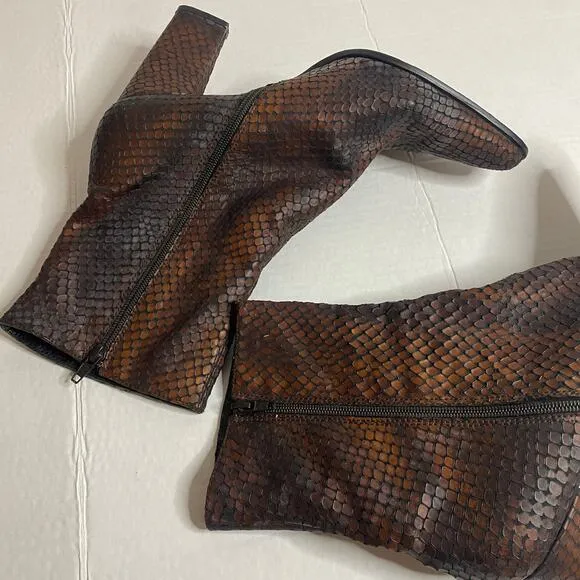 Sacha London Faux Reptile Snakeskin Brown Heeled Ankle Boots Sz 10.5