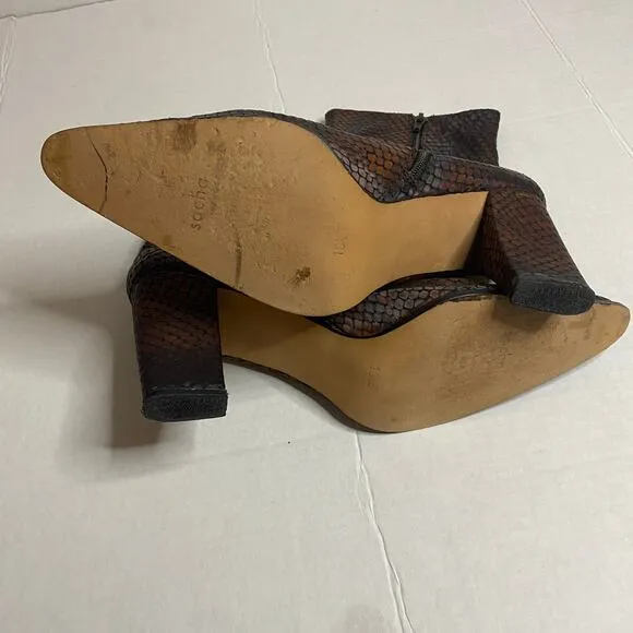 Sacha London Faux Reptile Snakeskin Brown Heeled Ankle Boots Sz 10.5