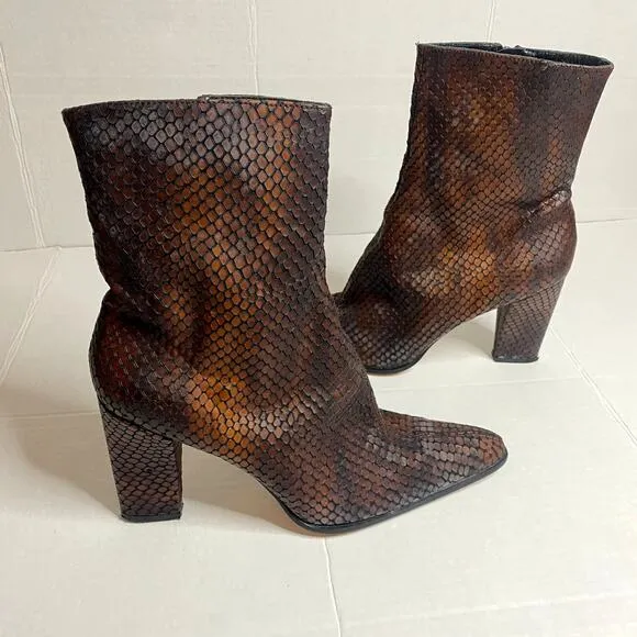 Sacha London Faux Reptile Snakeskin Brown Heeled Ankle Boots Sz 10.5