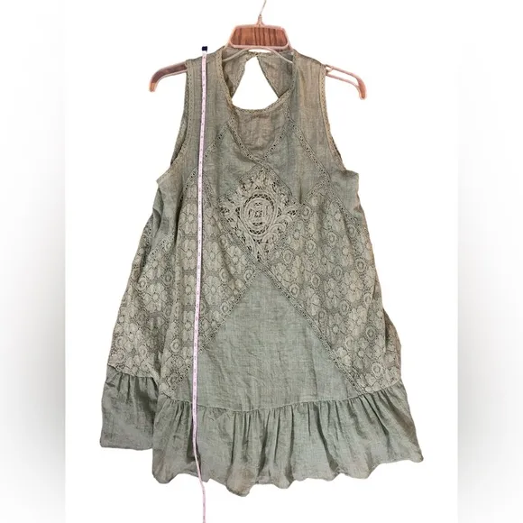 Sage olive green lace overlay open peek a boo back swing dress S boho casual