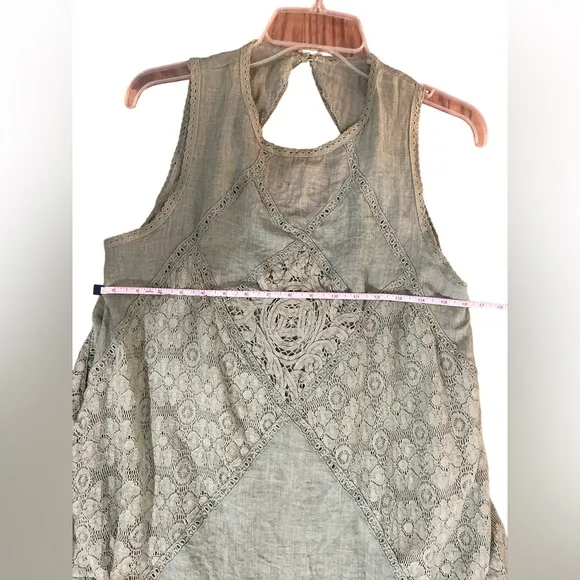 Sage olive green lace overlay open peek a boo back swing dress S boho casual
