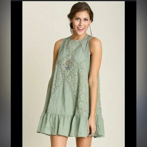 Sage olive green lace overlay open peek a boo back swing dress S boho casual