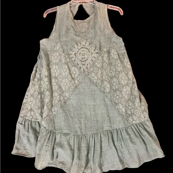 Sage olive green lace overlay open peek a boo back swing dress S boho casual
