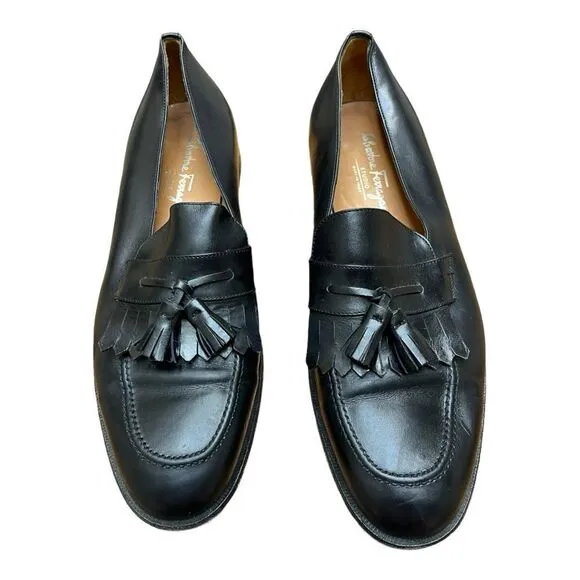 Salvatore Ferragamo Men's Black Leather Kiltie Tassel Loafers Shoes size 10.5 D