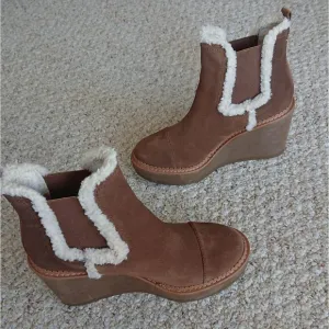 Sam Edelman tan suede with sherpa Reagan Wedge Boots size 7