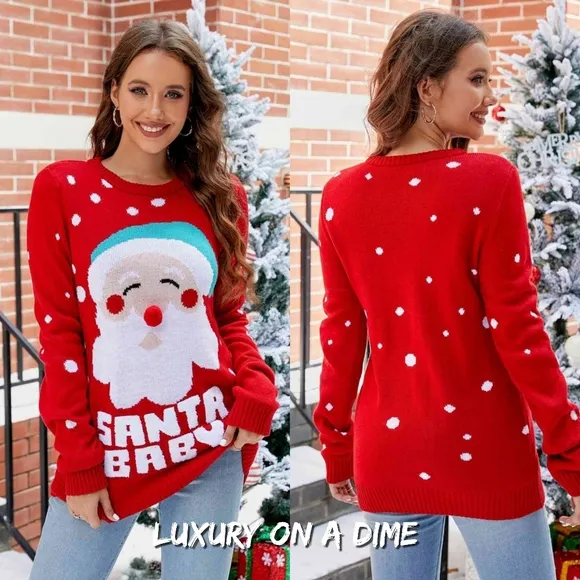 SANTA BABY Christmas Holiday Pom Pom Nose Long Sleeve Knit Sweater Festive Top