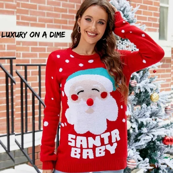 SANTA BABY Christmas Holiday Pom Pom Nose Long Sleeve Knit Sweater Festive Top
