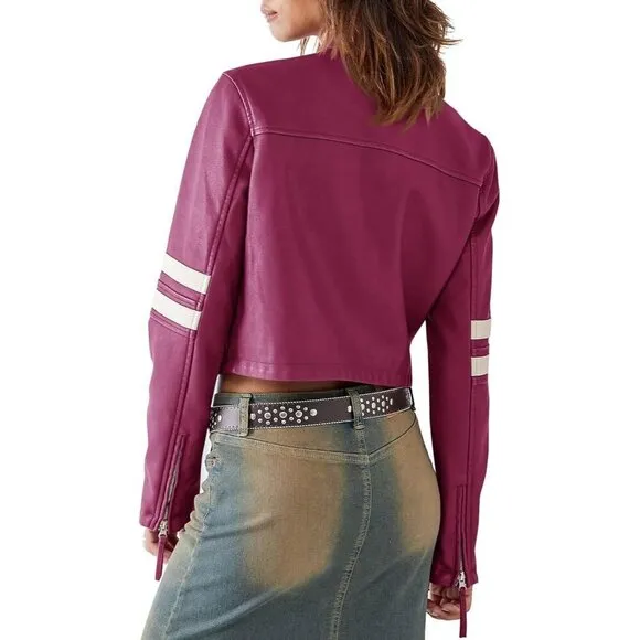 Saodimallsu Women’s Faux Leather purple Jackets Zip Up Collar Cropped coat
