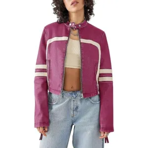 Saodimallsu Women’s Faux Leather purple Jackets Zip Up Collar Cropped coat