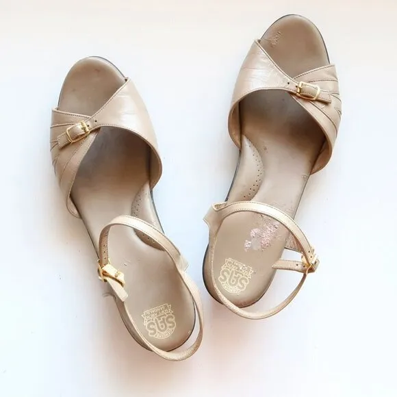 SAS Soft Arch Taupe Leather Open Toe Slingback Comfort Low Wedge Sandals Size 11