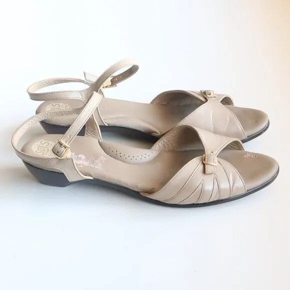 SAS Soft Arch Taupe Leather Open Toe Slingback Comfort Low Wedge Sandals Size 11