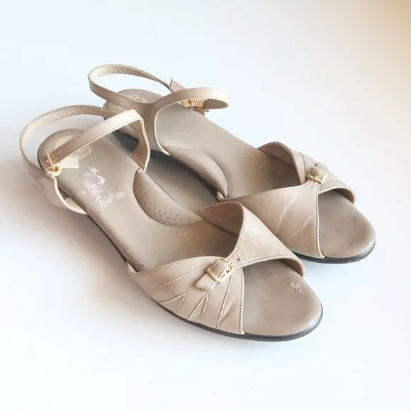 SAS Soft Arch Taupe Leather Open Toe Slingback Comfort Low Wedge Sandals Size 11