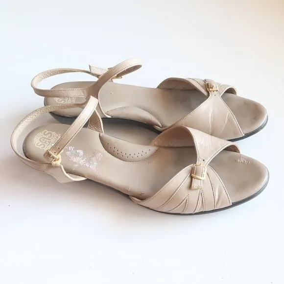 SAS Soft Arch Taupe Leather Open Toe Slingback Comfort Low Wedge Sandals Size 11