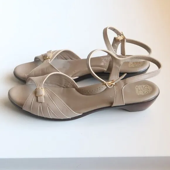 SAS Soft Arch Taupe Leather Open Toe Slingback Comfort Low Wedge Sandals Size 11