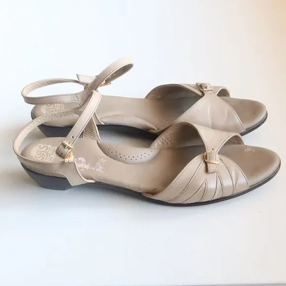 SAS Soft Arch Taupe Leather Open Toe Slingback Comfort Low Wedge Sandals Size 11