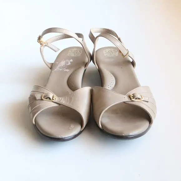 SAS Soft Arch Taupe Leather Open Toe Slingback Comfort Low Wedge Sandals Size 11
