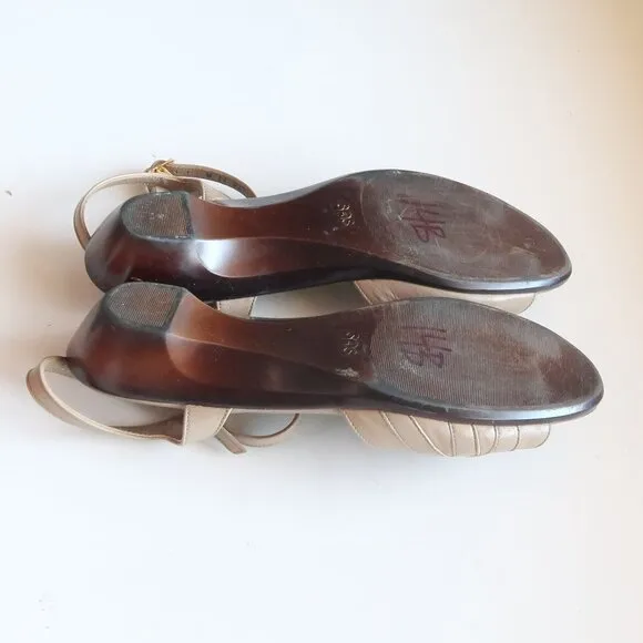 SAS Soft Arch Taupe Leather Open Toe Slingback Comfort Low Wedge Sandals Size 11