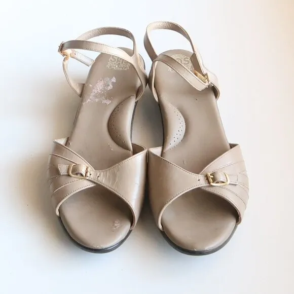 SAS Soft Arch Taupe Leather Open Toe Slingback Comfort Low Wedge Sandals Size 11
