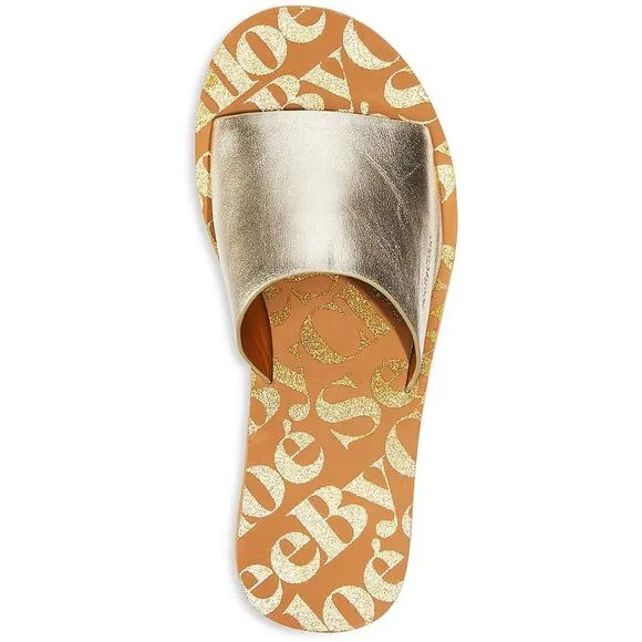 See by Chloe Womens Essie Gold Slip On Casual Open Toe Block Heel Shoes New