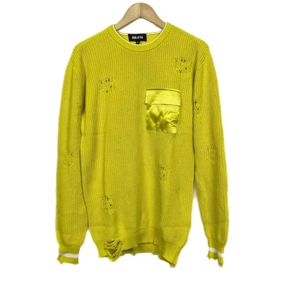 SER.O.YA Unisex Devin Crewneck Distressed Sweater Size XS in Green Sheen