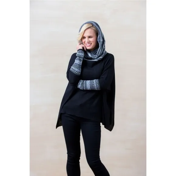 Simply Natural Alpaca Wool Poncho Cowl Hoodie Oversized Fair Isle Knit Sweater L