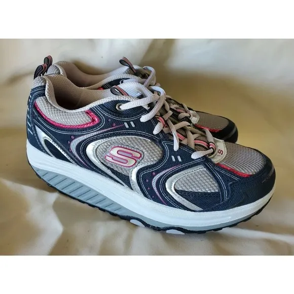 Sketchers Shape Ups Action Packed Casual Walking Shoes Sz 9.5 Navy Silver Pink