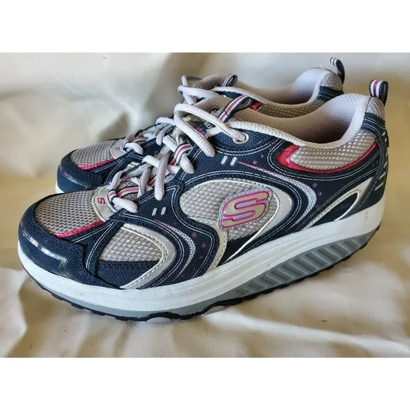 Sketchers Shape Ups Action Packed Casual Walking Shoes Sz 9.5 Navy Silver Pink