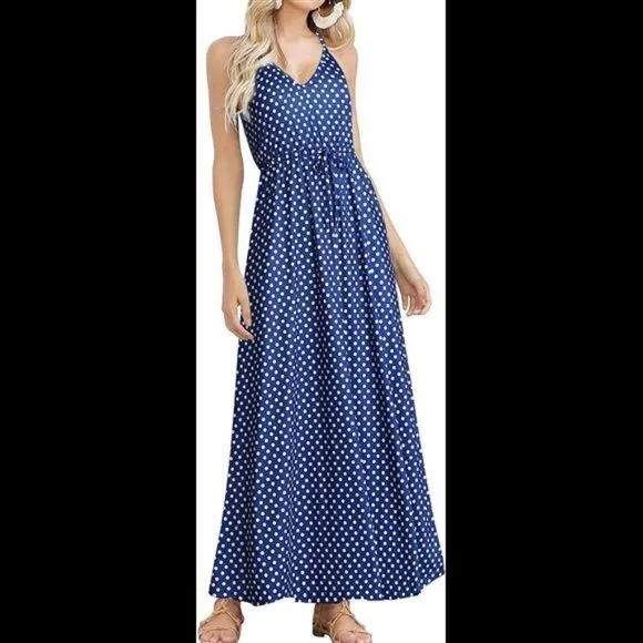 Sleeveless V Neck Spaghetti Strap Pockets Maxi Dress