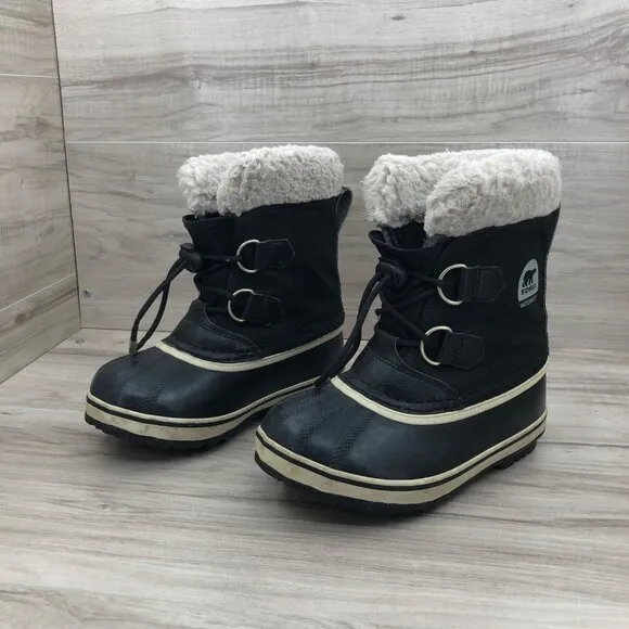 Sorel Boots Kids 12 Black Rubber Insulation Wool Lined Winter Snow Shoes