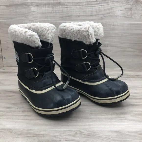 Sorel Boots Kids 12 Black Rubber Insulation Wool Lined Winter Snow Shoes