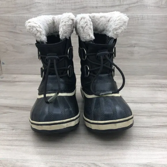 Sorel Boots Kids 12 Black Rubber Insulation Wool Lined Winter Snow Shoes