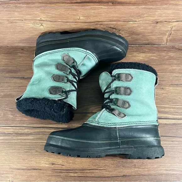 SOREL Caribou Green Leather Snow Boots Winter Shoes Women’s Size 9 Lace Up
