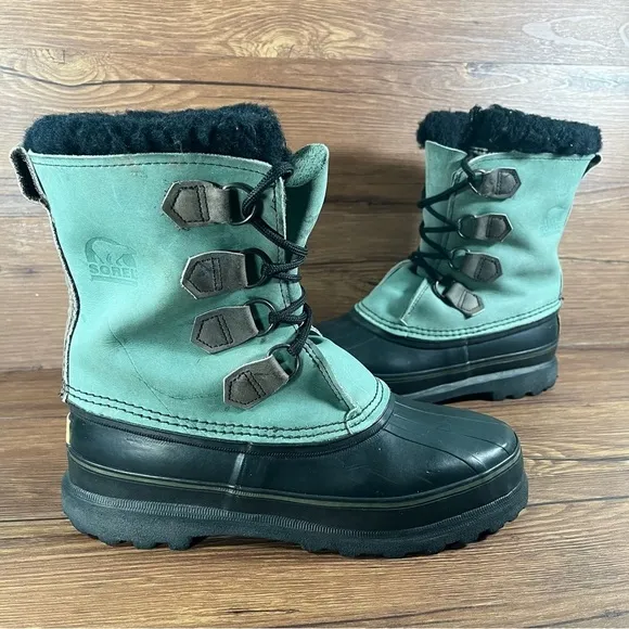 SOREL Caribou Green Leather Snow Boots Winter Shoes Women’s Size 9 Lace Up