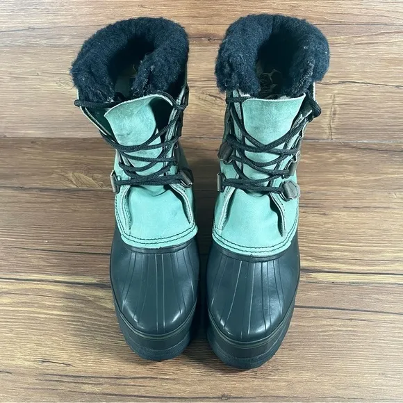 SOREL Caribou Green Leather Snow Boots Winter Shoes Women’s Size 9 Lace Up