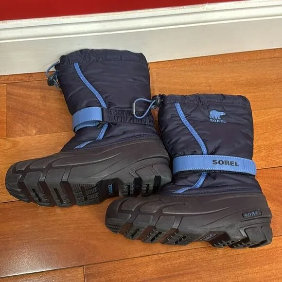 Sorel Flurry Snow Boots Youths Dark &amp; Light Blue Grill Heatwave Shoes size 6