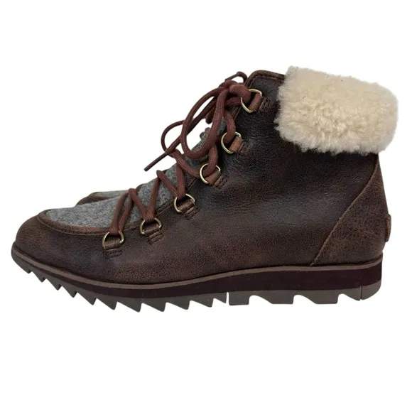Sorel Harlow Cozy Shearling Ankle Hiker Boots Bootie Leather Wool Lace Up Size 9