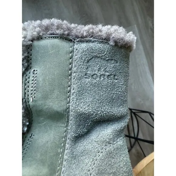 Sorel Joan Arc Arctic Wedge Leather Shearling Green Gray Women's size 7 Boots